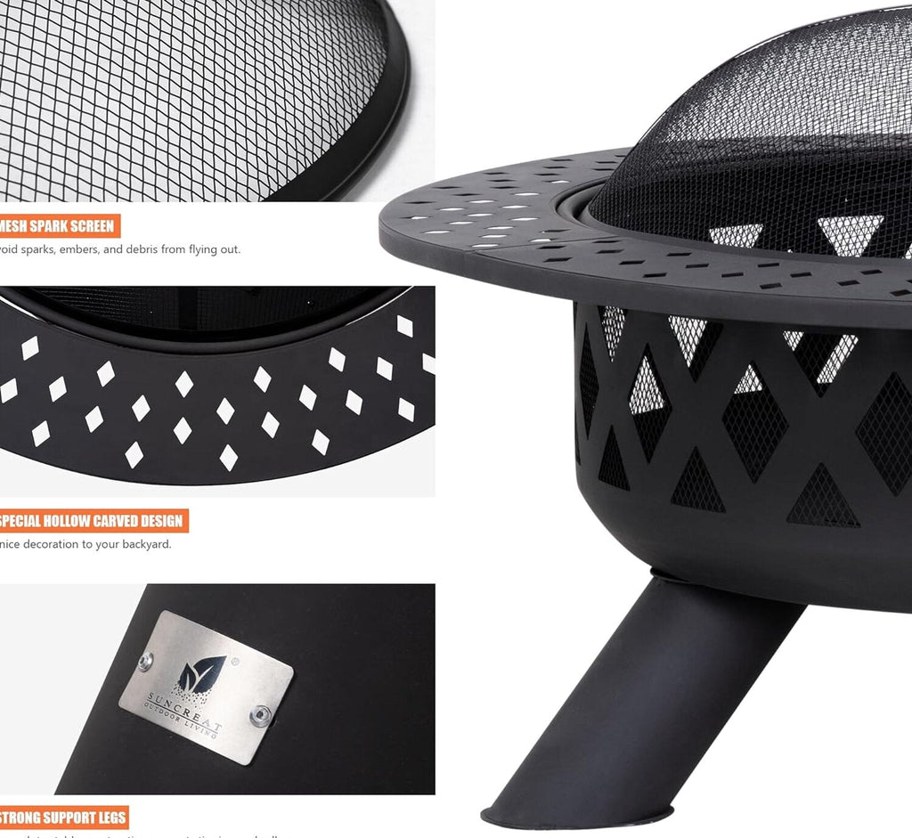 SUNCREAT 42” Patio Fire Pit Wood Burning with Mesh Spark Screen, Bonfire Outdoor firepit with Fireplace Poker, Black