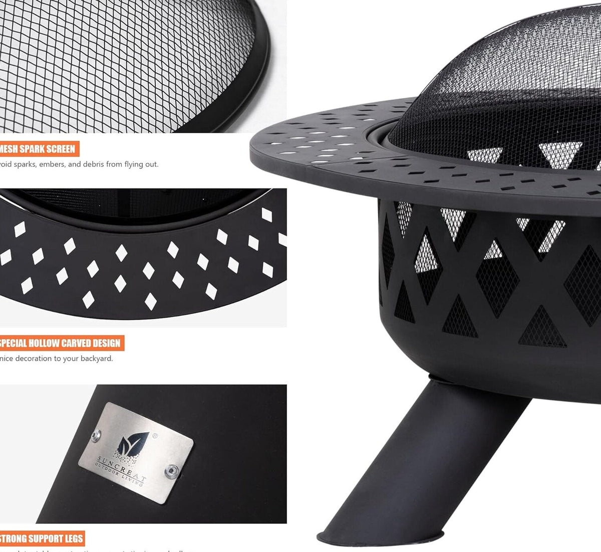 SUNCREAT 42” Patio Fire Pit Wood Burning with Mesh Spark Screen, Bonfire Outdoor firepit with Fireplace Poker, Black