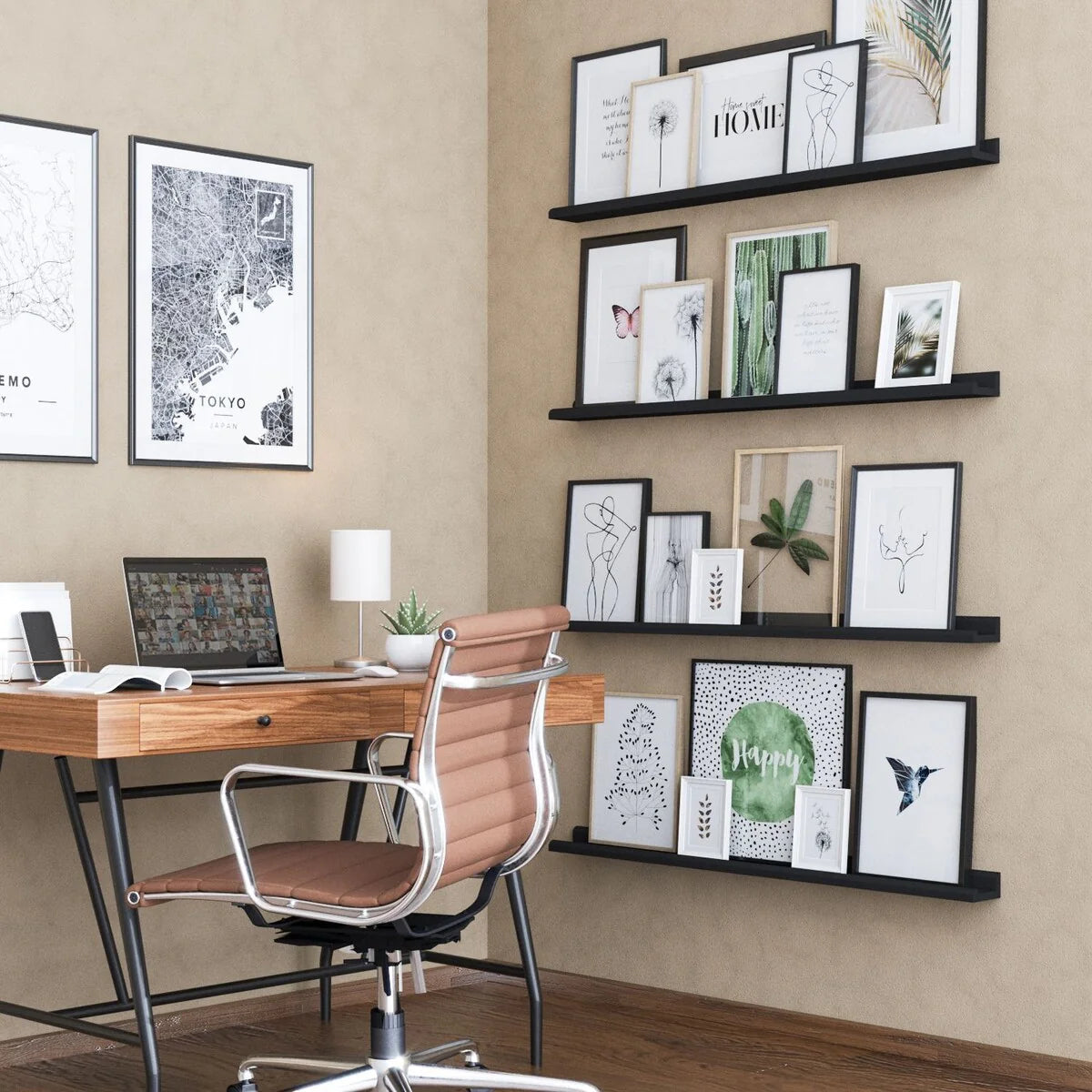 Floating Wall Shelves, Set Of 4, 46 x 3.8 x 2 Inch MDF Wood Picture Ledges
