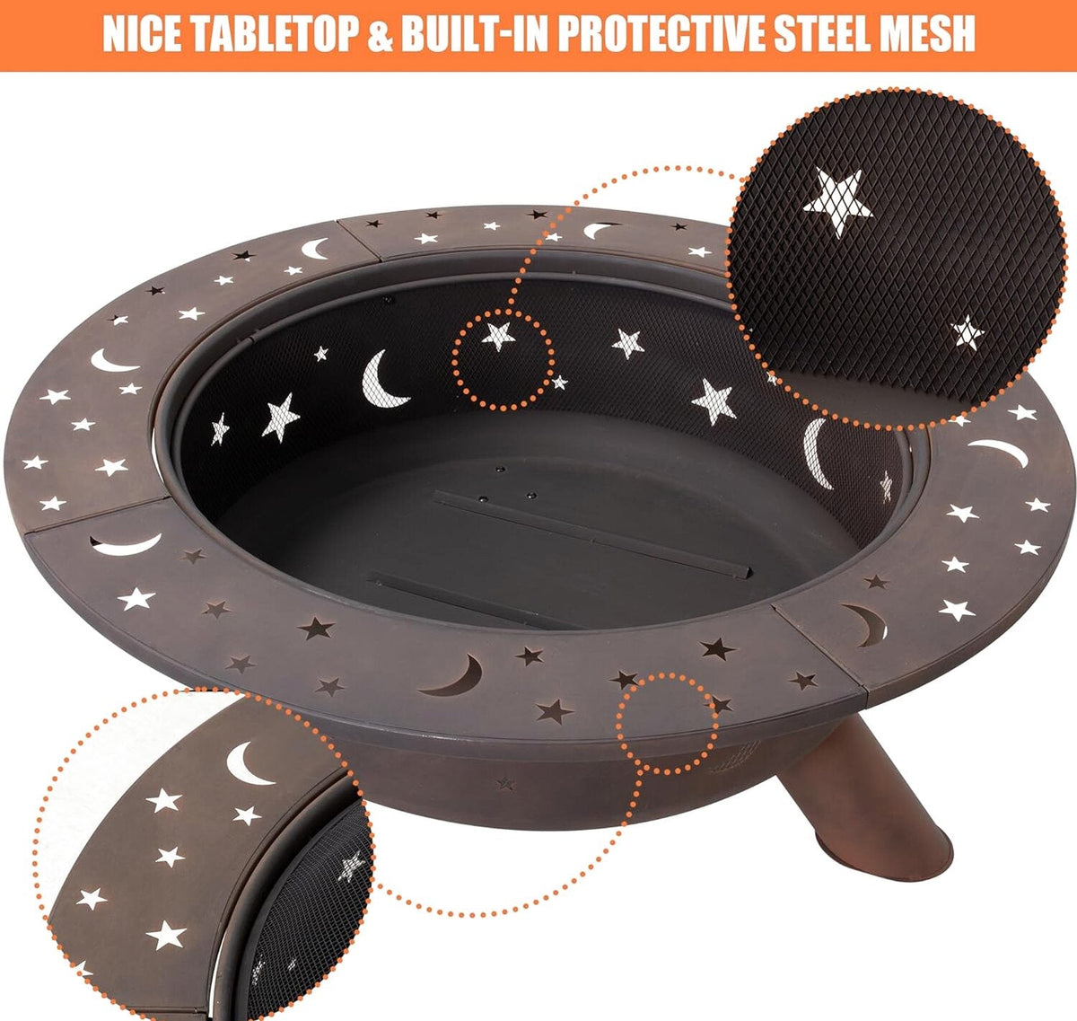 SUNCREAT 42” Patio Fire Pit Wood Burning with Mesh Spark Screen, Bonfire Outdoor firepit with Fireplace Poker, Black