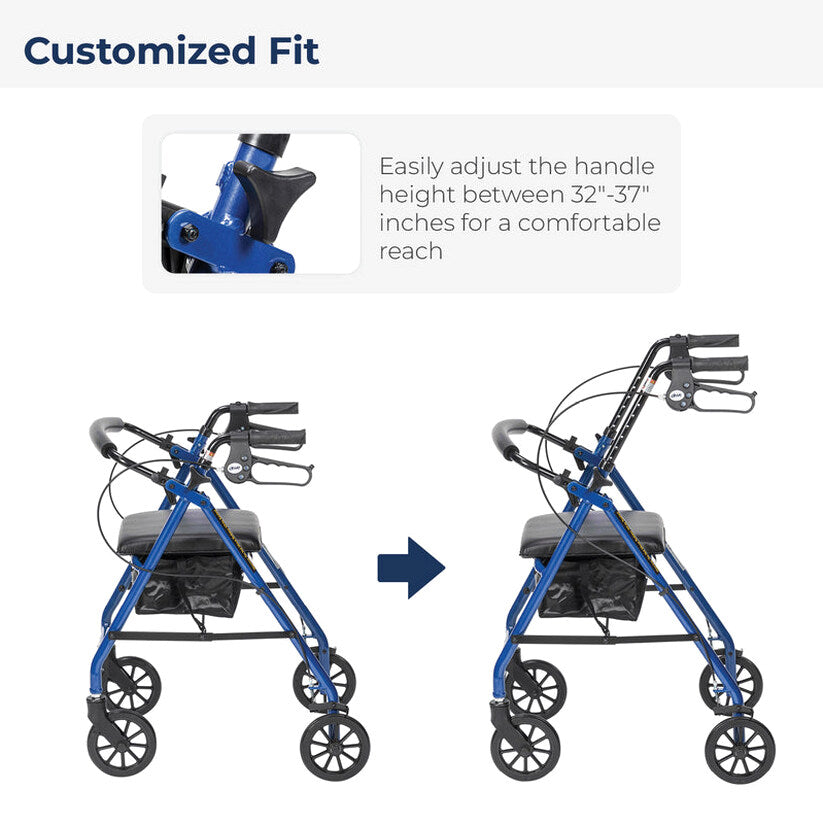 Drive Medical 4-Wheel Rollator Walker, Foldable, Padded Seat &amp; Backrest, 6-Inch Wheels, Blue
