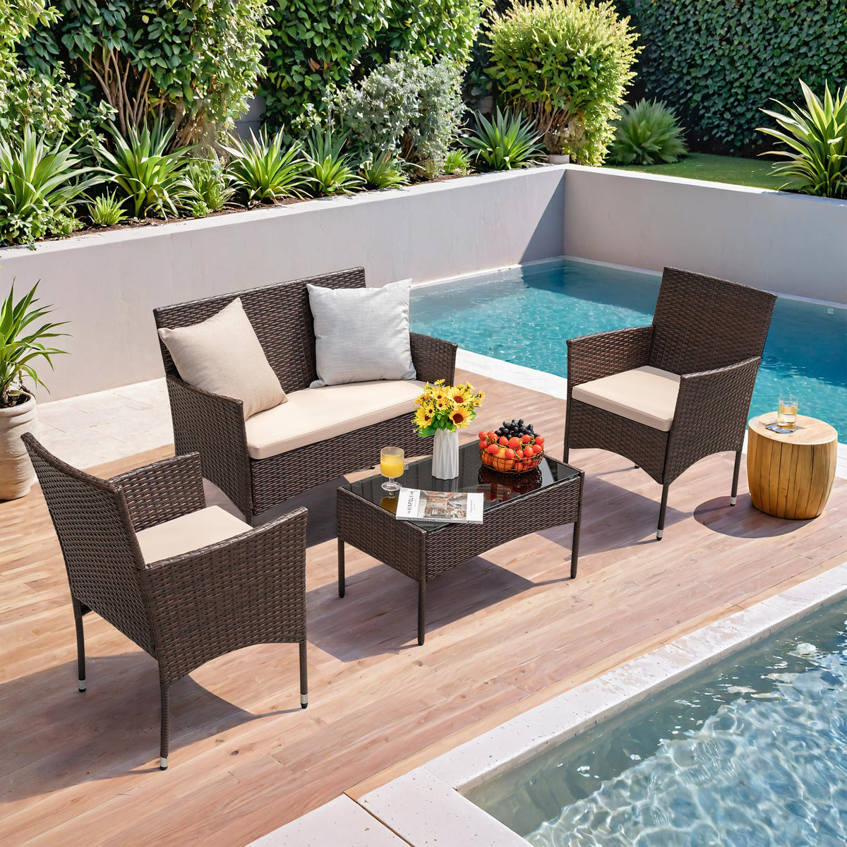 4-Piece Outdoor Patio Furniture Set With Rattan Wicker Chairs, Loveseat And Glass-Top Table