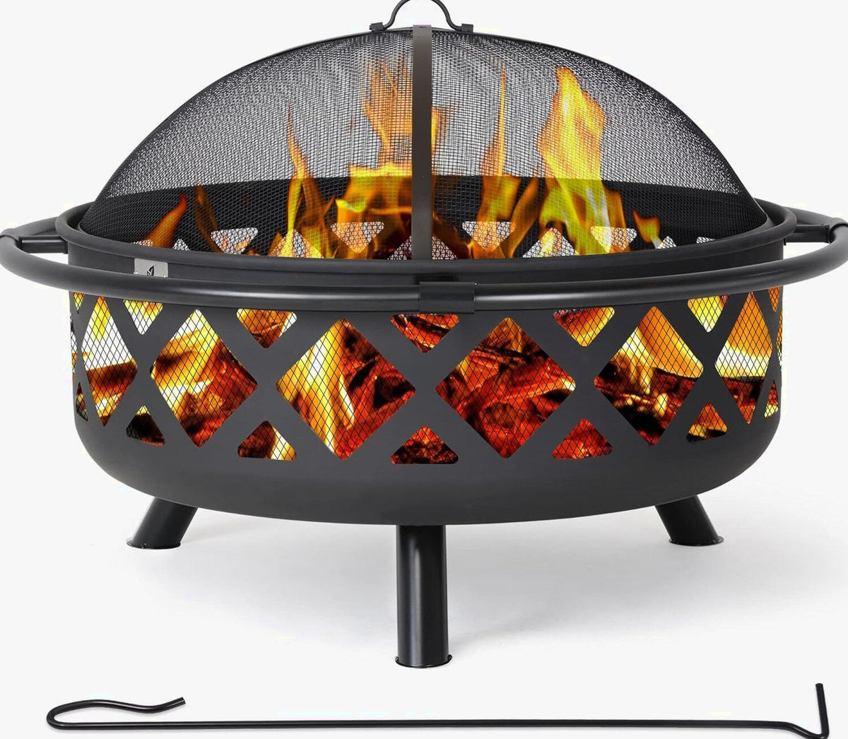 SUNCREAT 42” Patio Fire Pit Wood Burning with Mesh Spark Screen, Bonfire Outdoor firepit with Fireplace Poker, Black