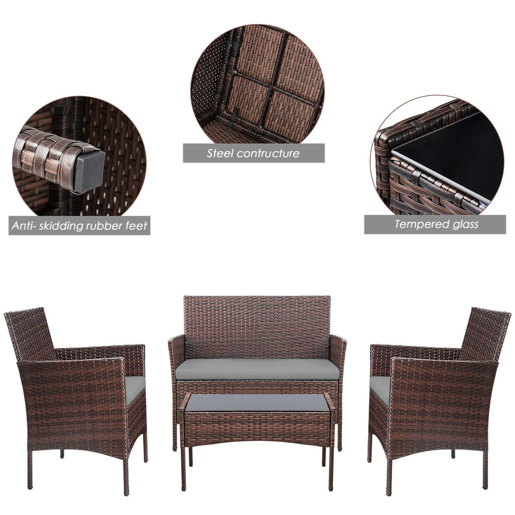 4-Piece Outdoor Patio Furniture Set With Rattan Wicker Chairs, Loveseat And Glass-Top Table