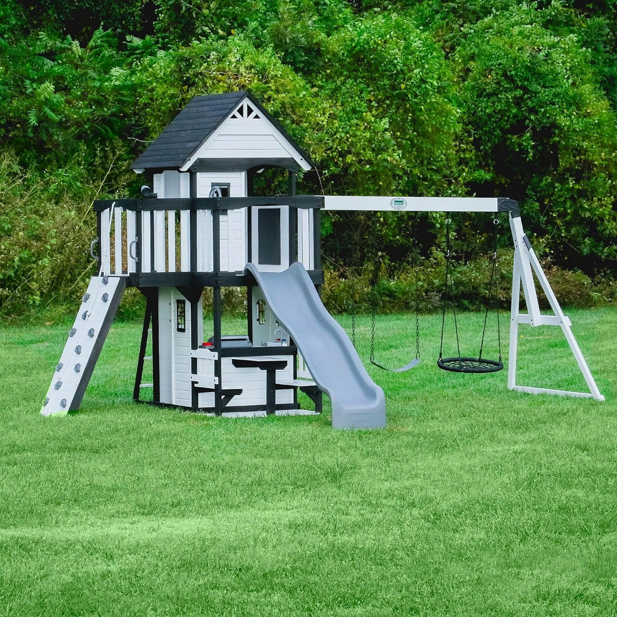 Backyard Discovery Canyon Creek Cedar Wood Swing Set with Wave Slide, Clubhouse, Play Kitchen, Picnic Area, Belt Swings, Web Swing, Rock Wall, Balconies, Playhouse, Step Ladder, Outdoor Playset