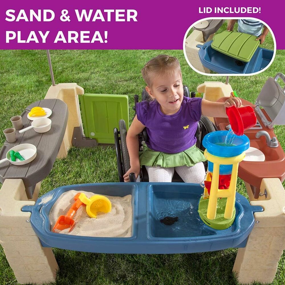 All-round play patio with canopy, kids indoor and outdoor kitchen play set