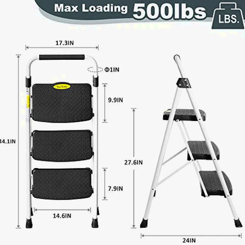 SocTone 3 Step Ladder, Folding Step Stool for Adults with Handle, Lightweight