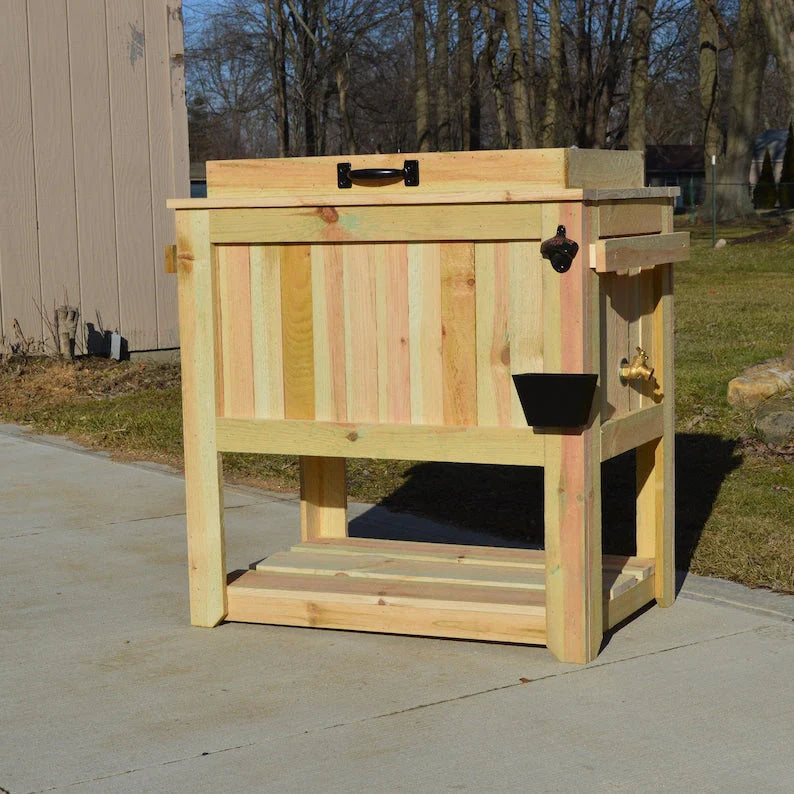 Inked Woodworking 48 Quart Antiqued Cedar Cooler Stand With Brass Drain, Bottle Opener And Cap Catcher