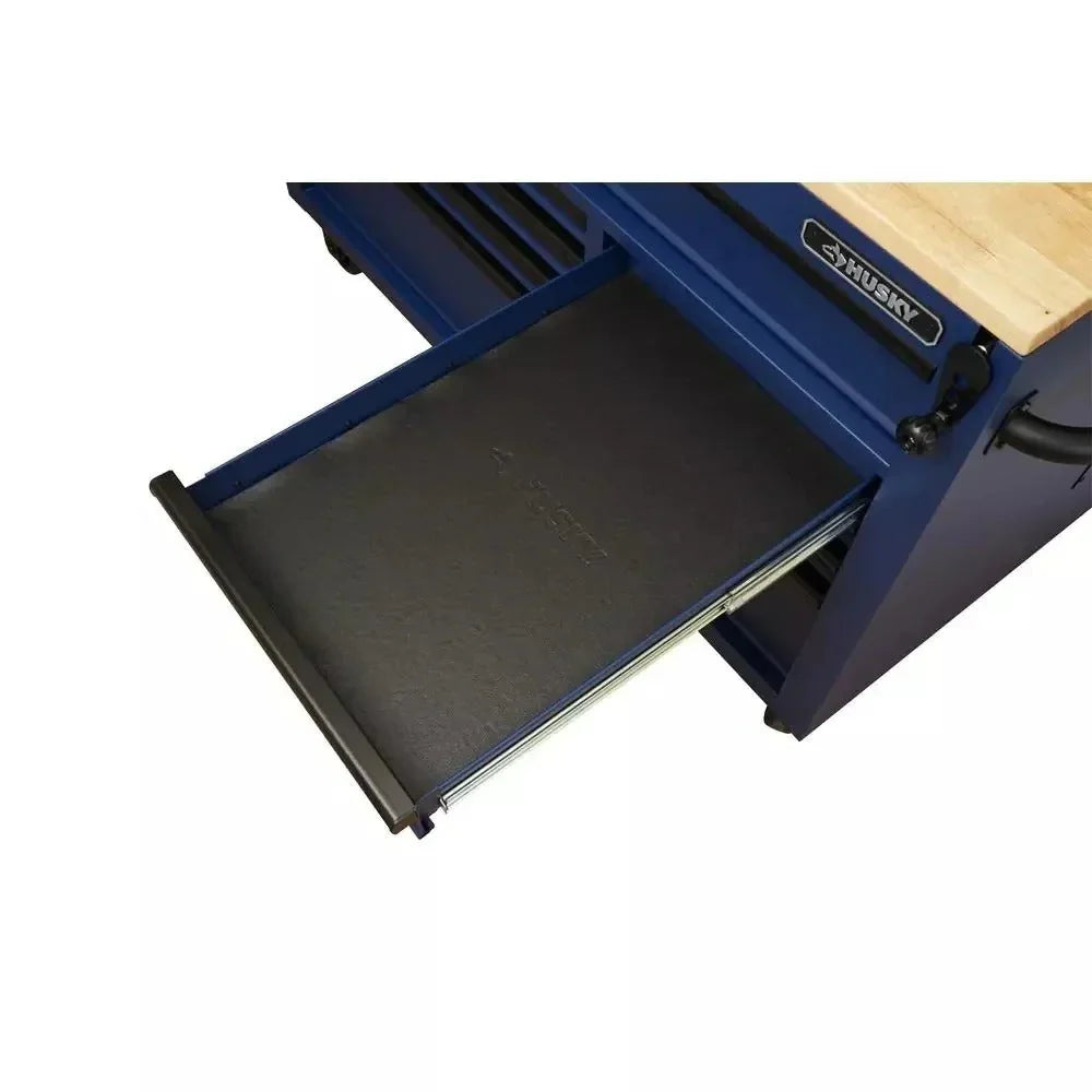 Heavy-Duty 52 in. 9-Drawer Mobile Workbench With Adjustable-Height Solid Wood Top - Matte Blue