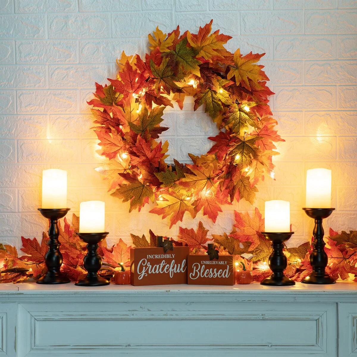 Thanksgiving LED Lighted Fall Maple Leaf Wreath And Garland, 24 in Wreath / 72 in Garland - 20 Clear Lights