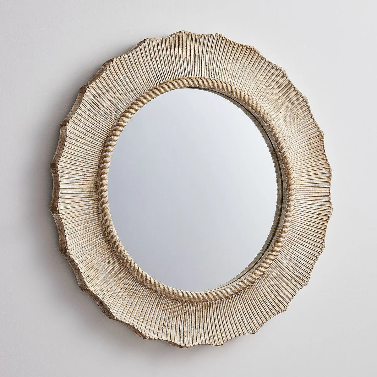 30 Inch Bohemian Beige Round Wood Bathroom Wall Mirror