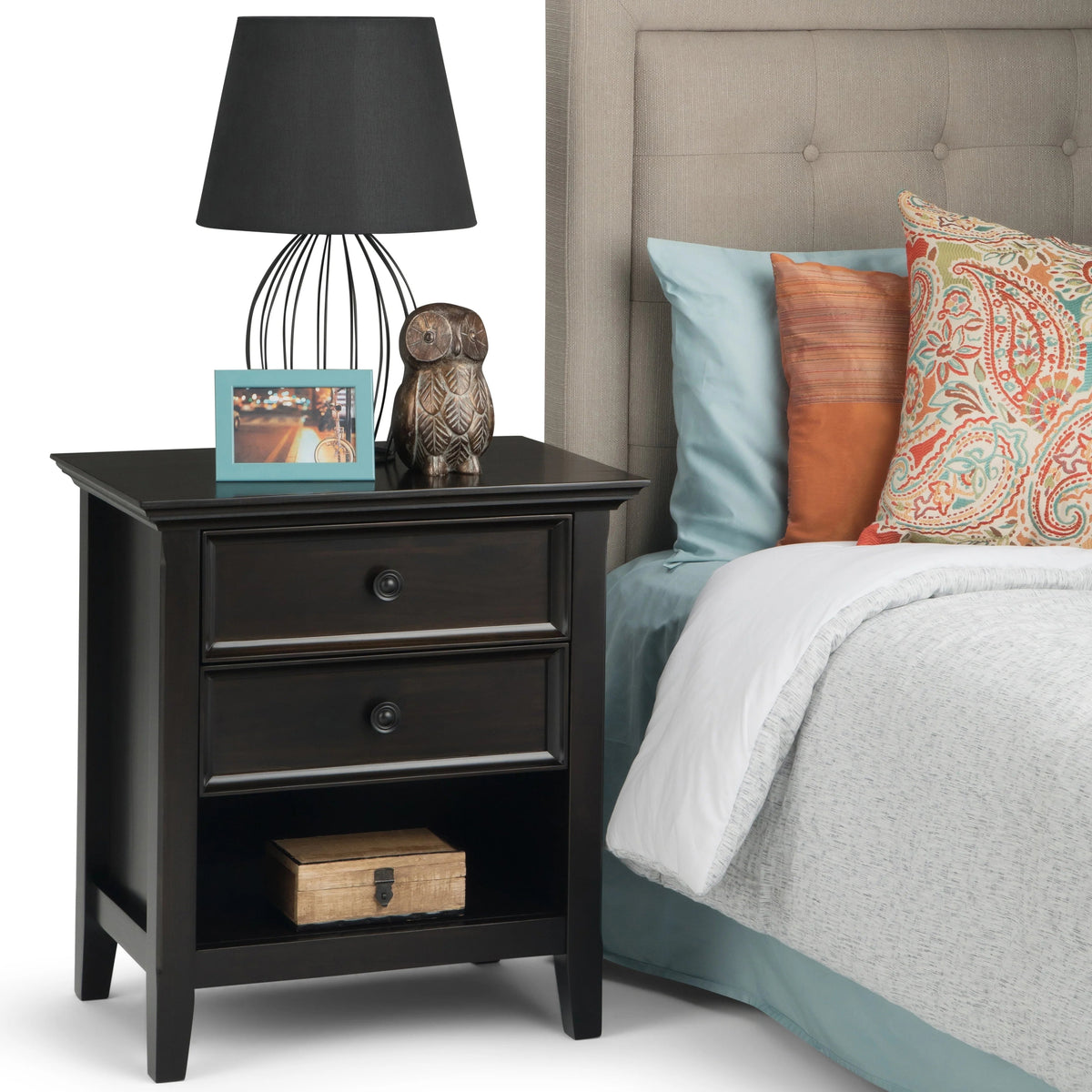 Solid Wood Nightstand With 2 Drawers And Open Shelf, 16 in D x 24 in W x 26 in H