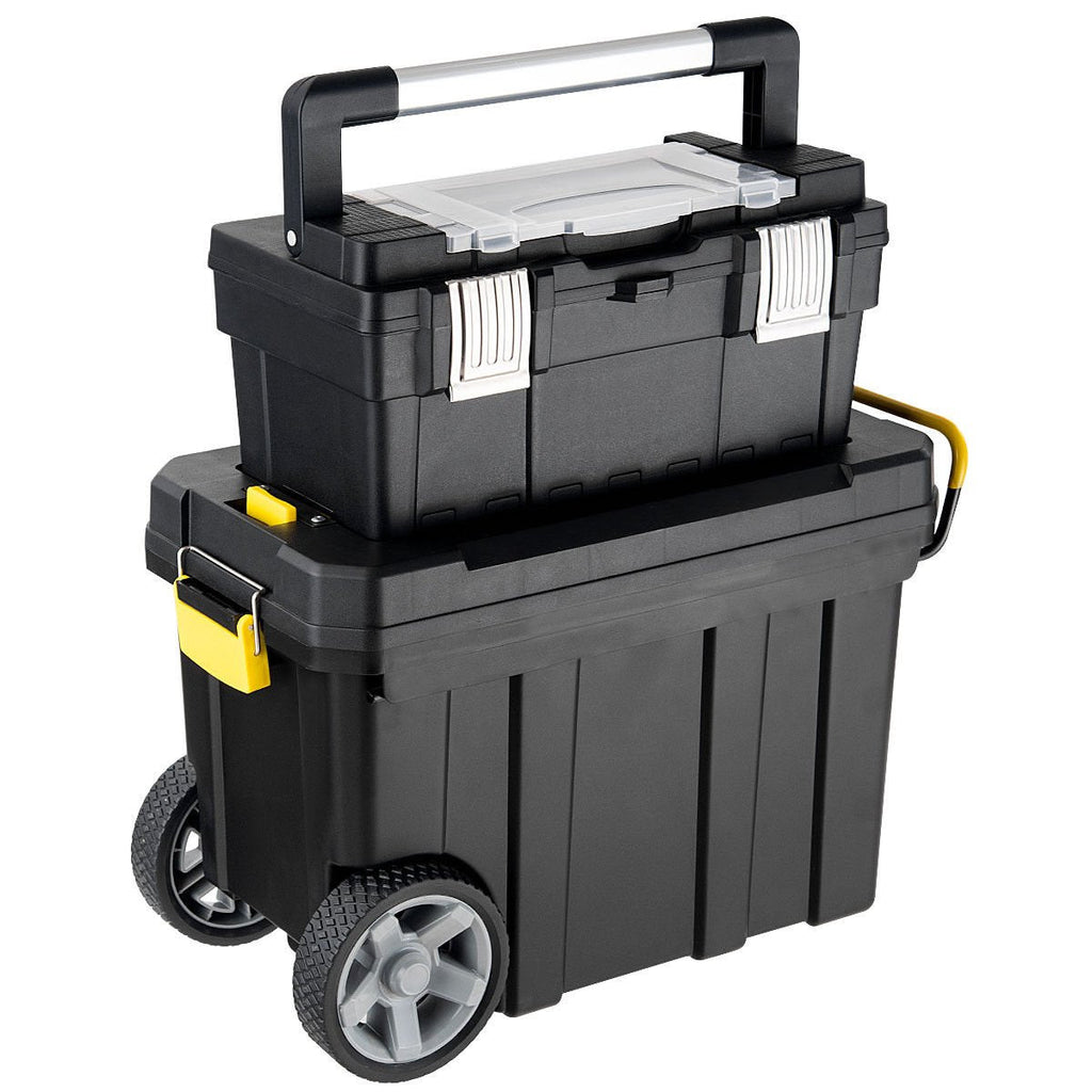 2-in-1 Rolling Plastic Toolbox Set With 6-Inch Wheels, Black