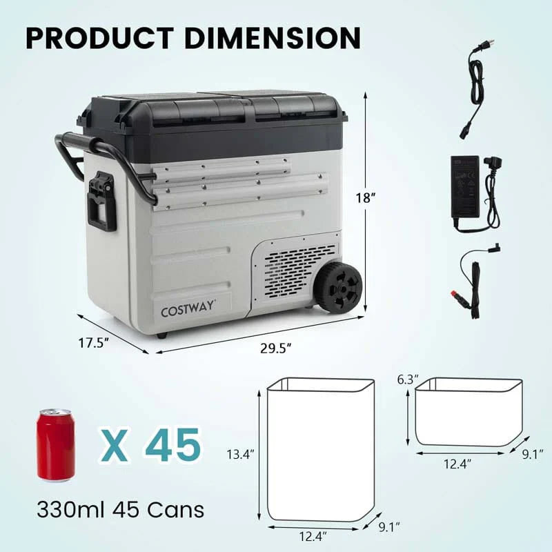 40-Quart Dual-Zone Portable Car Refrigerator Cooler Freezer With Wheels