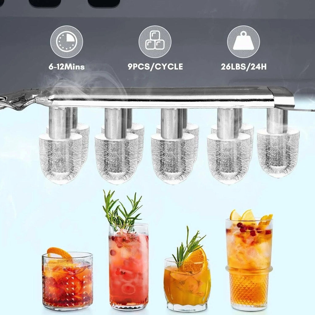 Countertop Ice MakerPortable Ice Machine with Carry HandleSelf-CleaningBasket and Scoop9 Cubes in 6 Mins26.5lbs/24Hrs2 Sizes of Bullet Icefor HomeKitchenPartyGrey