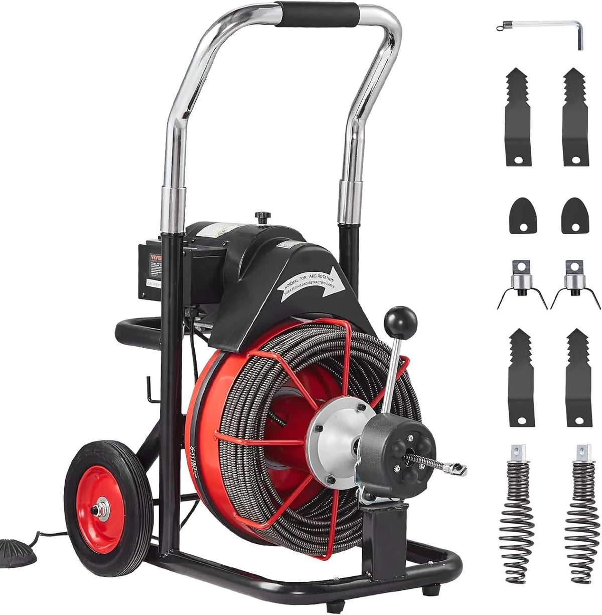 VEVOR Drain Cleaner Machine 100FT x 1/2 Inch, 550W, 8 Cutters, Red + Black