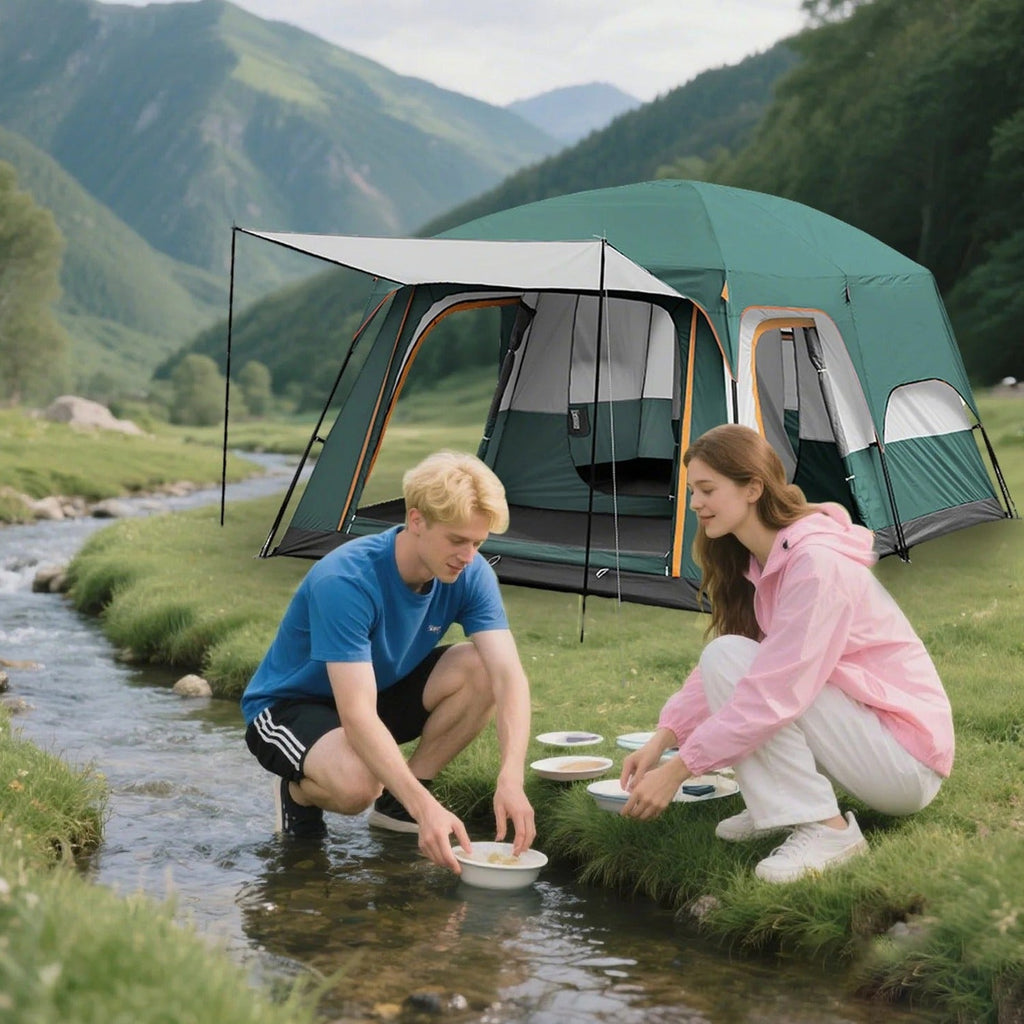 KFeng 12 Person Tents for Camping - 2Rooms 3Doors&amp;3Windows Mesh,Suitable for Outdoor/Picnic,Brown