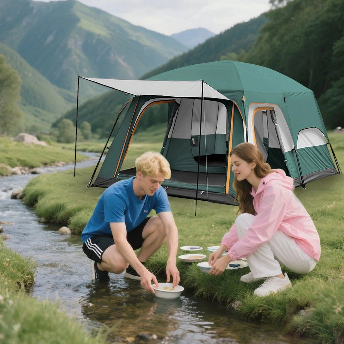 KFeng 12 Person Tents for Camping - 2Rooms 3Doors&amp;3Windows Mesh,Suitable for Outdoor/Picnic,Brown