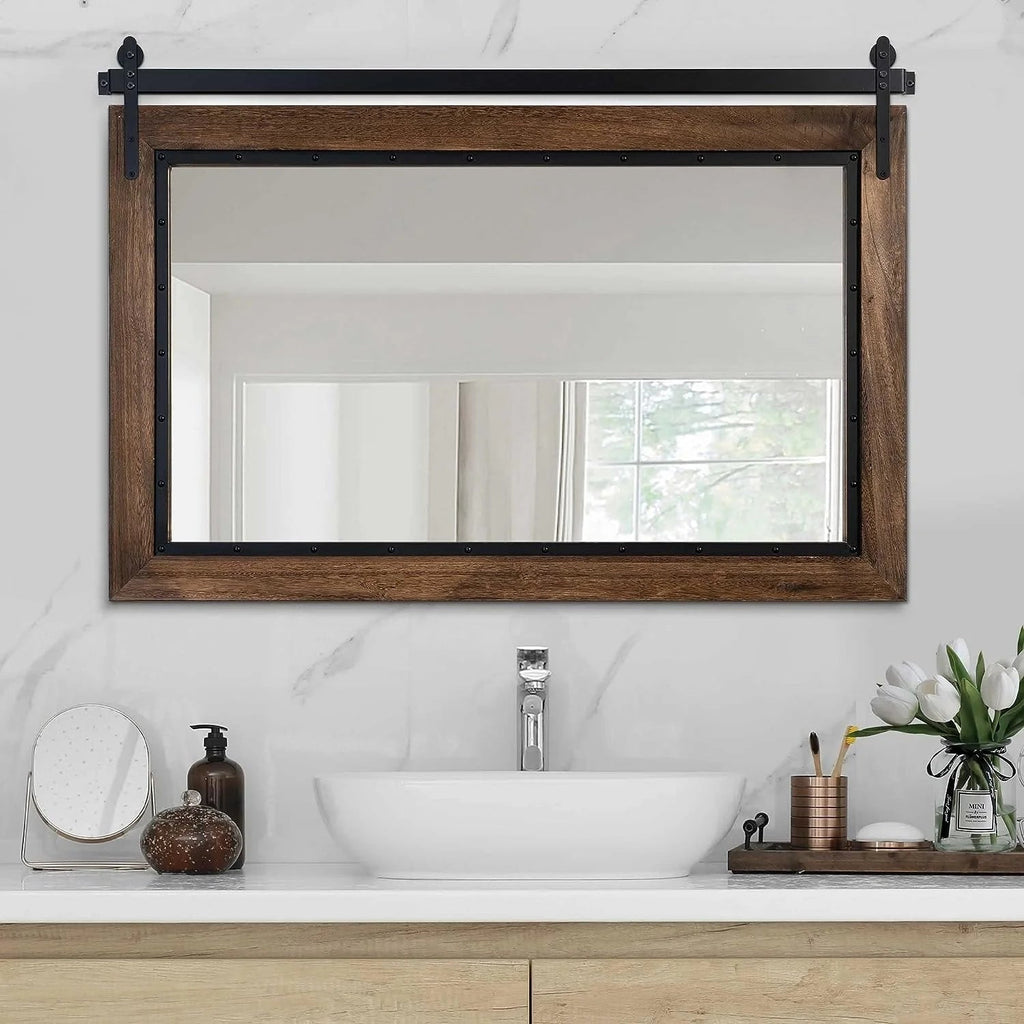 Farmhouse Barn Door Style Bathroom Vanity Mirror, Natural Wood, 24in W x 32in H x 1.25in D to 48in W x 30in H x 1.25in D