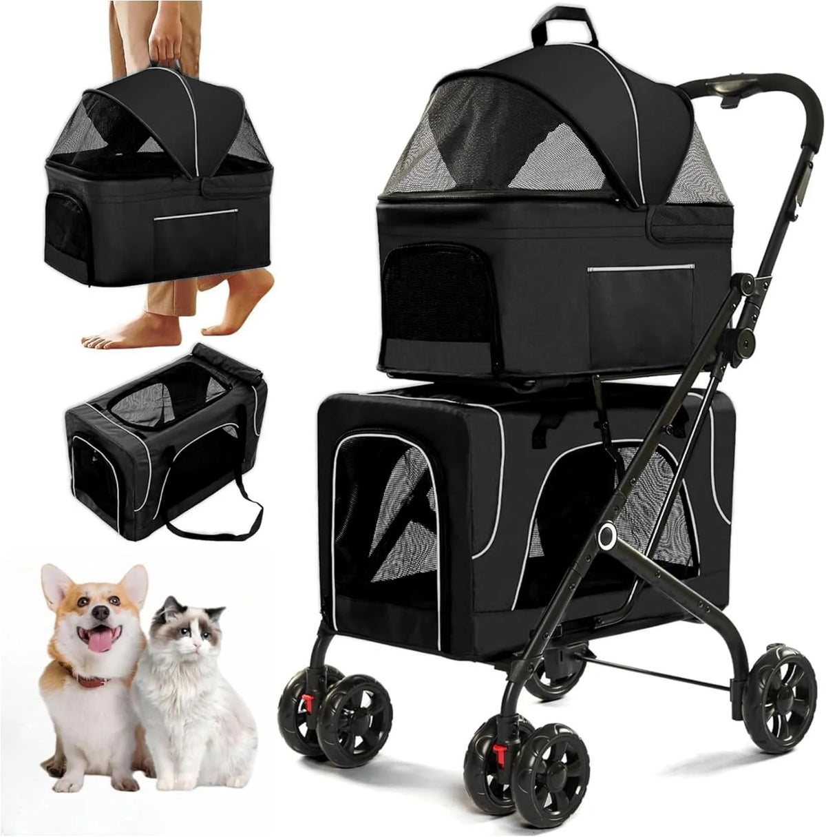 Double Pet Stroller for 2 Dogs With Detachable Carriers, Blue