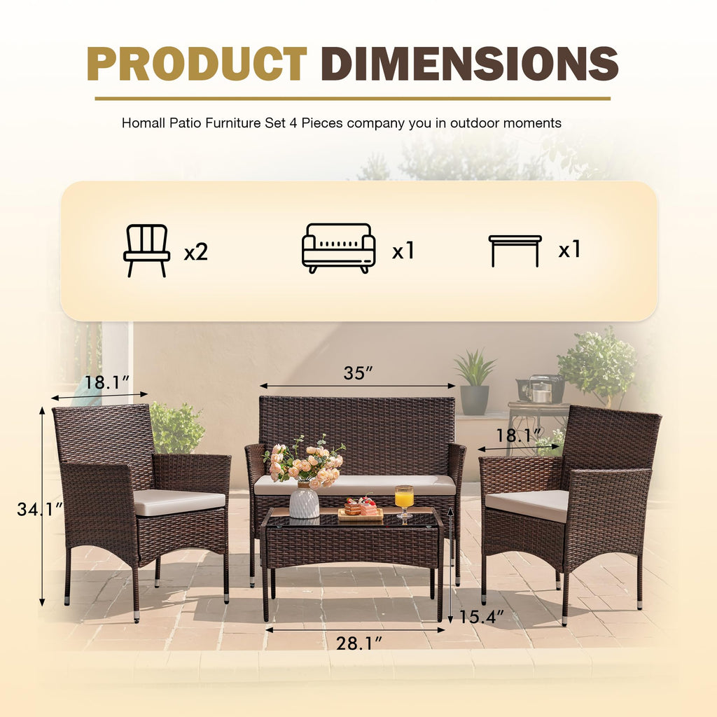 4-Piece Outdoor Patio Furniture Set With Rattan Wicker Chairs, Loveseat And Glass-Top Table
