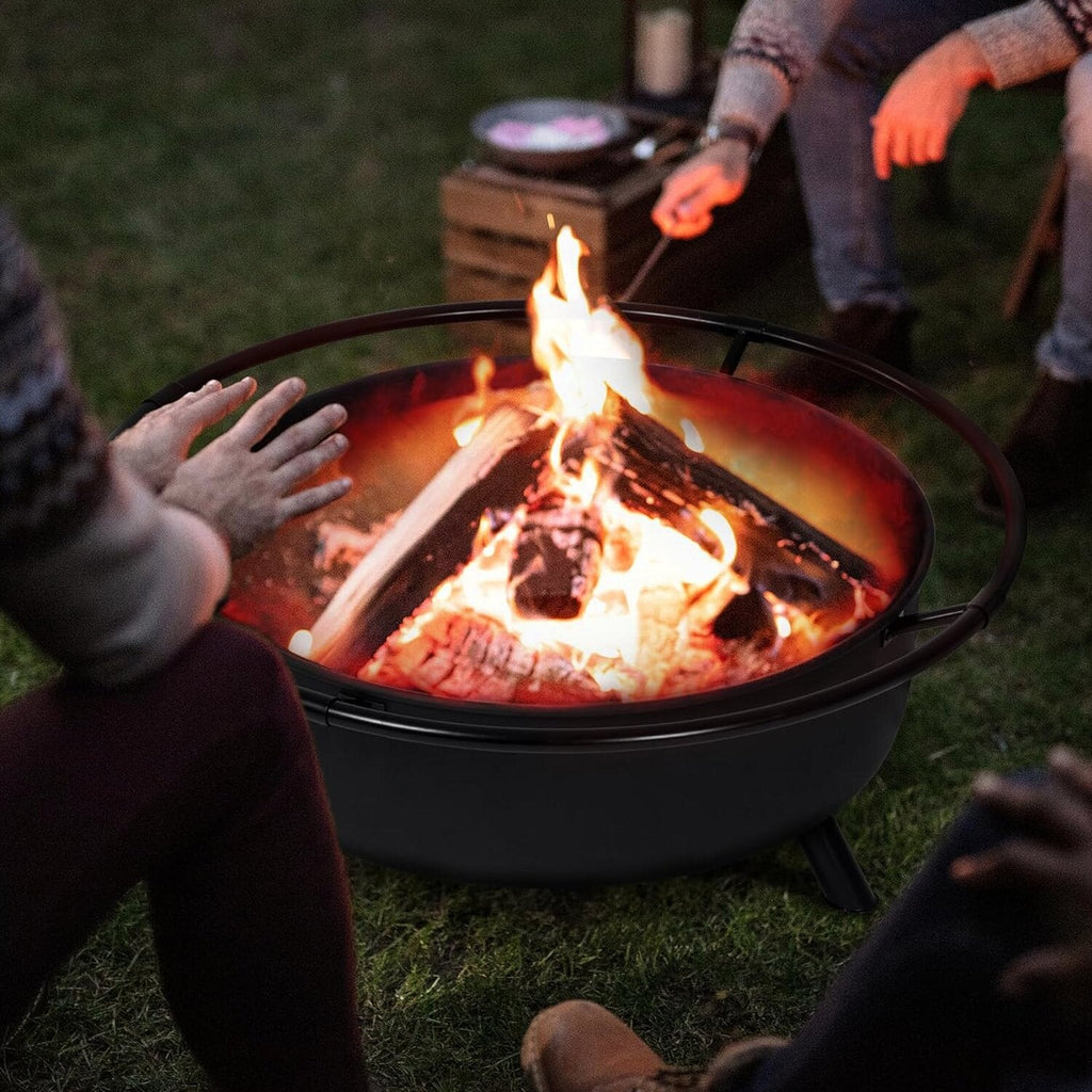 SUNCREAT 42” Patio Fire Pit Wood Burning with Mesh Spark Screen, Bonfire Outdoor firepit with Fireplace Poker, Black