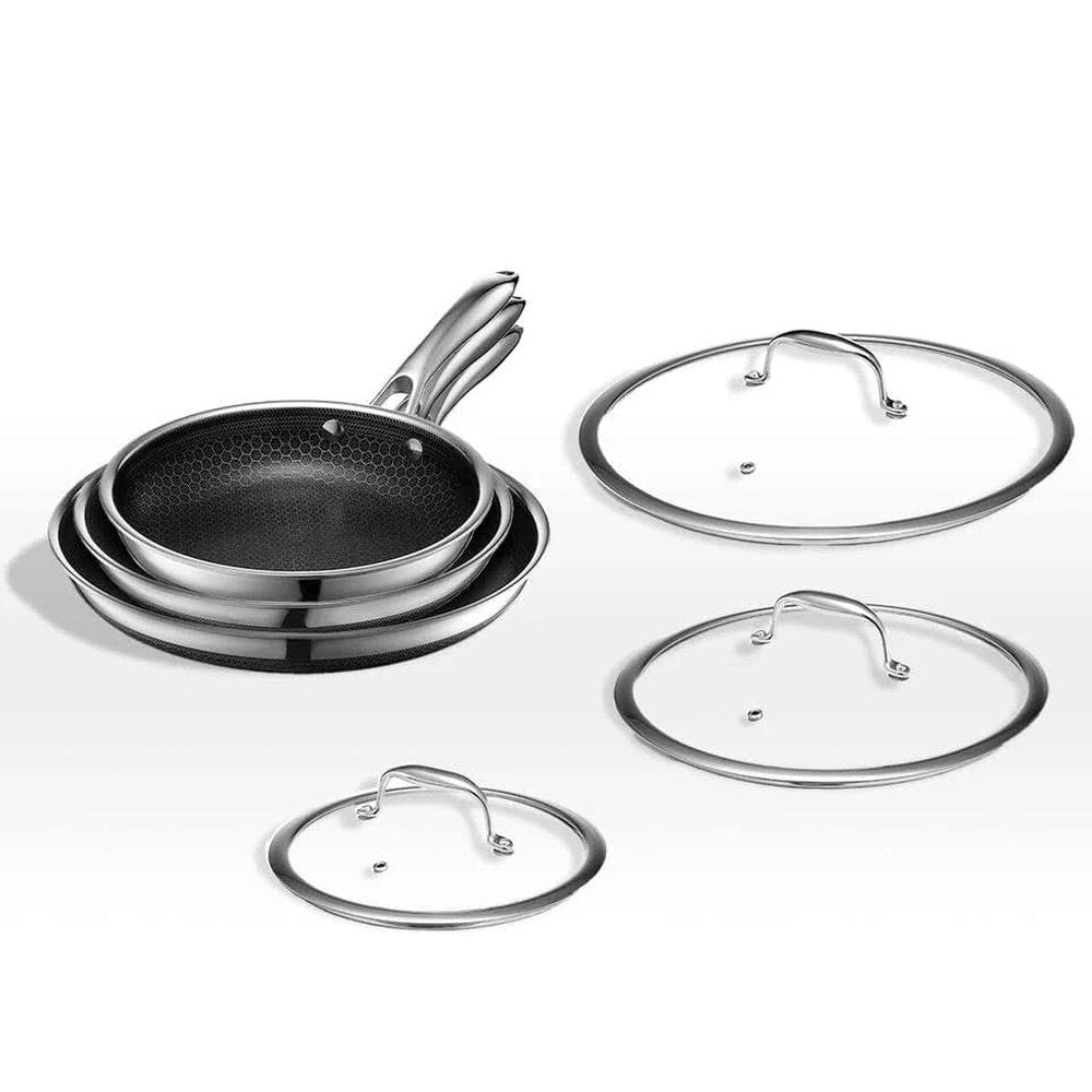 HexClad 6 Piece Hybrid Stainless Steel Cookware Pan Set 8 inch 10 inch 12 inch with Glass Lids Size: One size Black