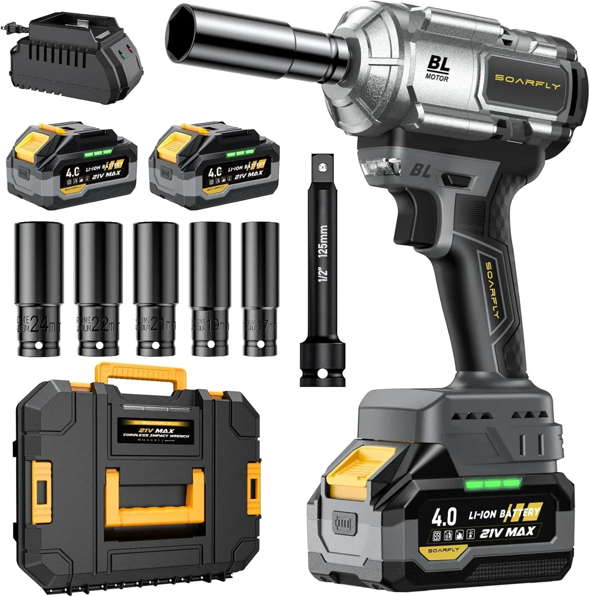 Cordless 1/2 Inch Impact Wrench, 1200Nm, 21V Brushless With 2 4.0Ah Batteries And 5 Sockets