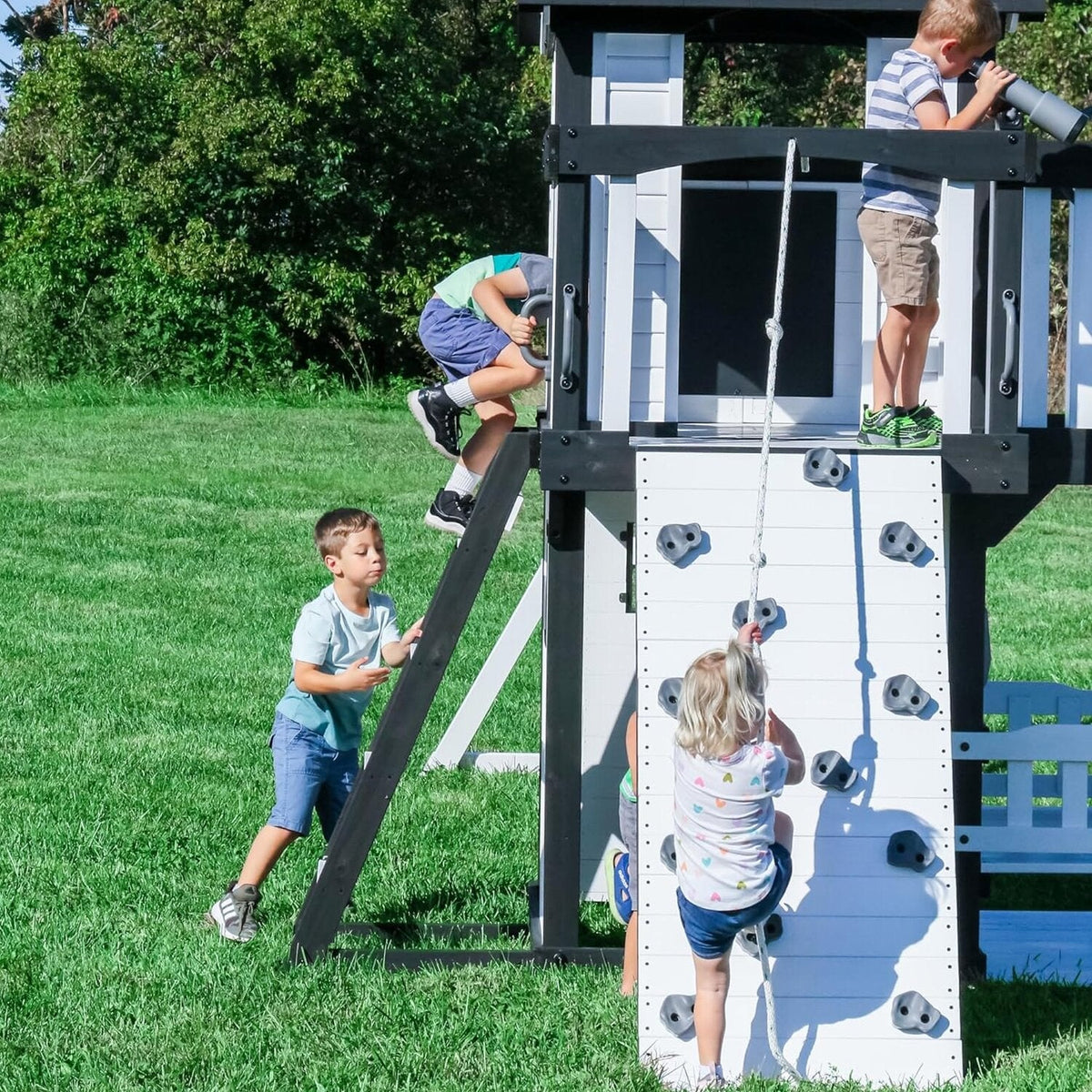 Backyard Discovery Canyon Creek Cedar Wood Swing Set with Wave Slide, Clubhouse, Play Kitchen, Picnic Area, Belt Swings, Web Swing, Rock Wall, Balconies, Playhouse, Step Ladder, Outdoor Playset