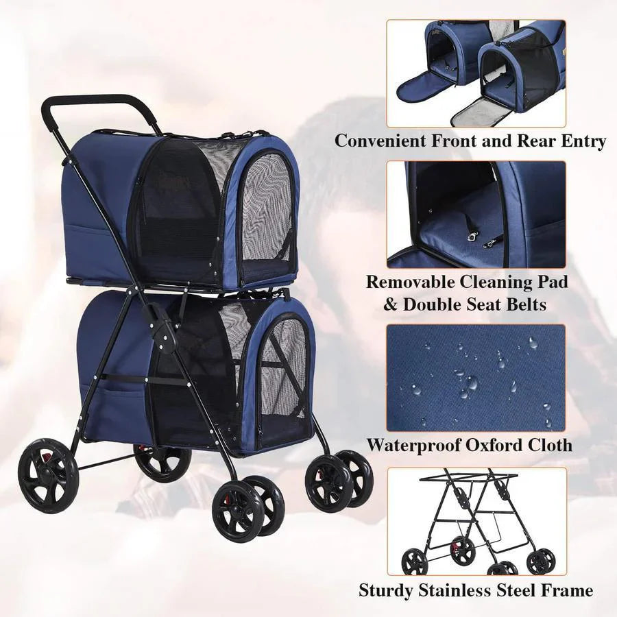 Double Pet Stroller For 2 Dogs & Cats, 42 inch, Navy Blue