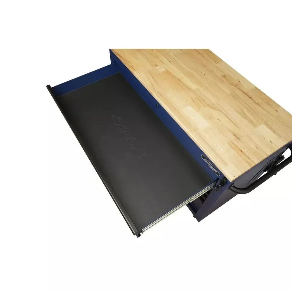 Heavy-Duty 52 in. 9-Drawer Mobile Workbench With Adjustable-Height Solid Wood Top - Matte Blue