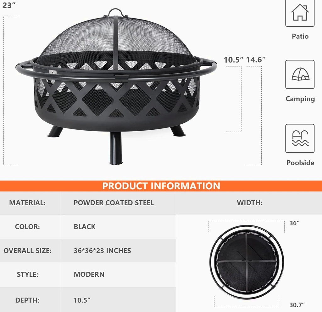 SUNCREAT 42” Patio Fire Pit Wood Burning with Mesh Spark Screen, Bonfire Outdoor firepit with Fireplace Poker, Black