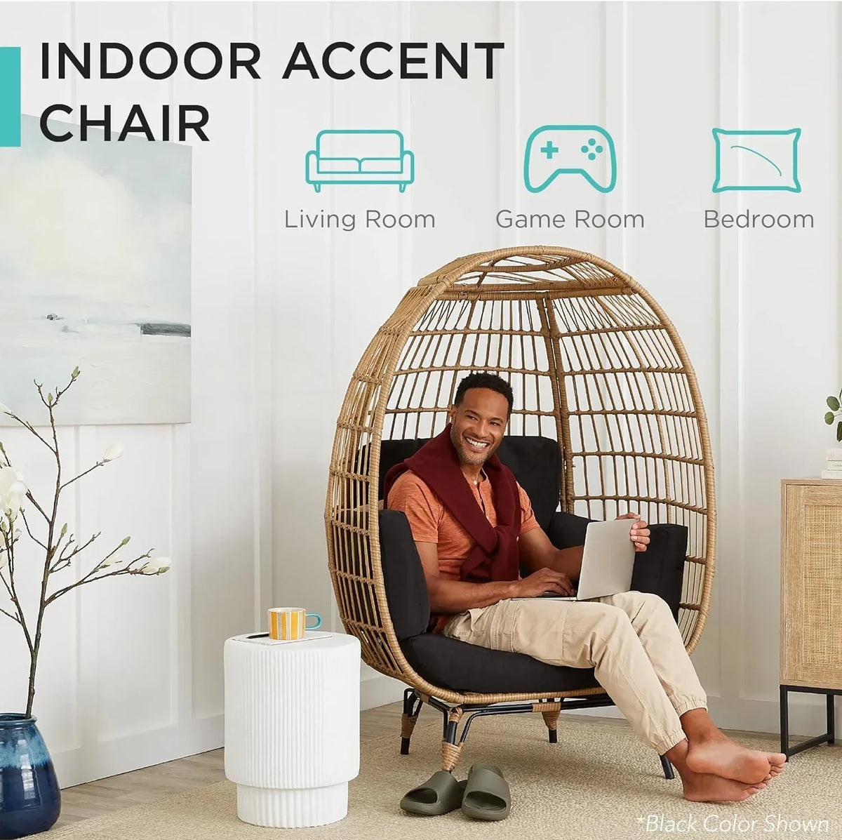 Ivory Wicker Egg Chair, 24 D x 40 W x 56 H, 440 lb Capacity, Steel Frame