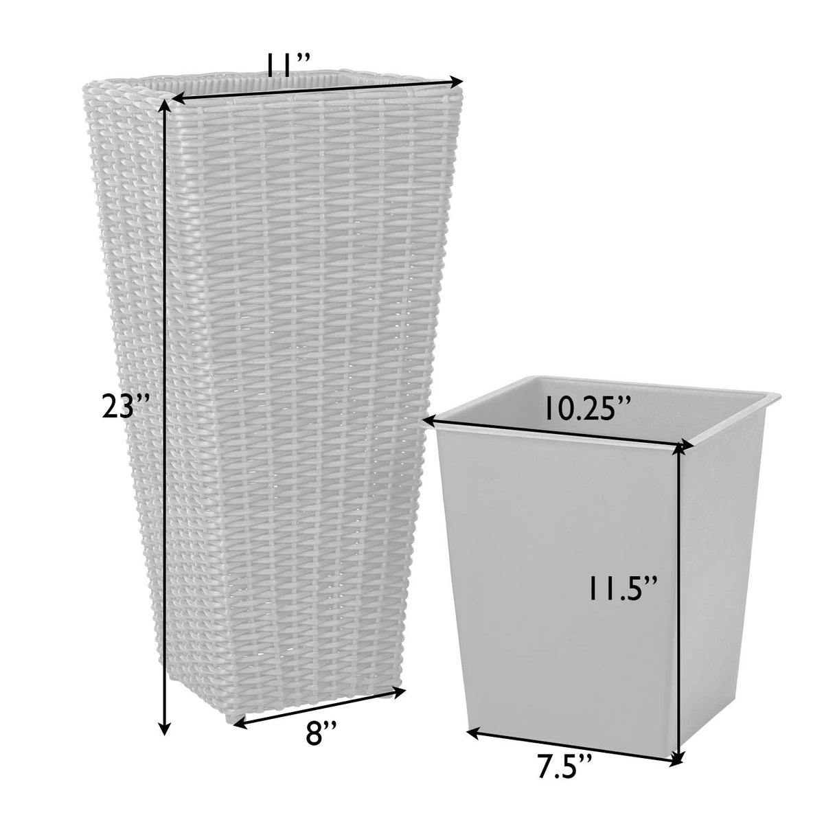 All-Weather Wicker Planter Set With Liners, 2 Piece, Mocha, 11 in L x 11 in W x 23 in H