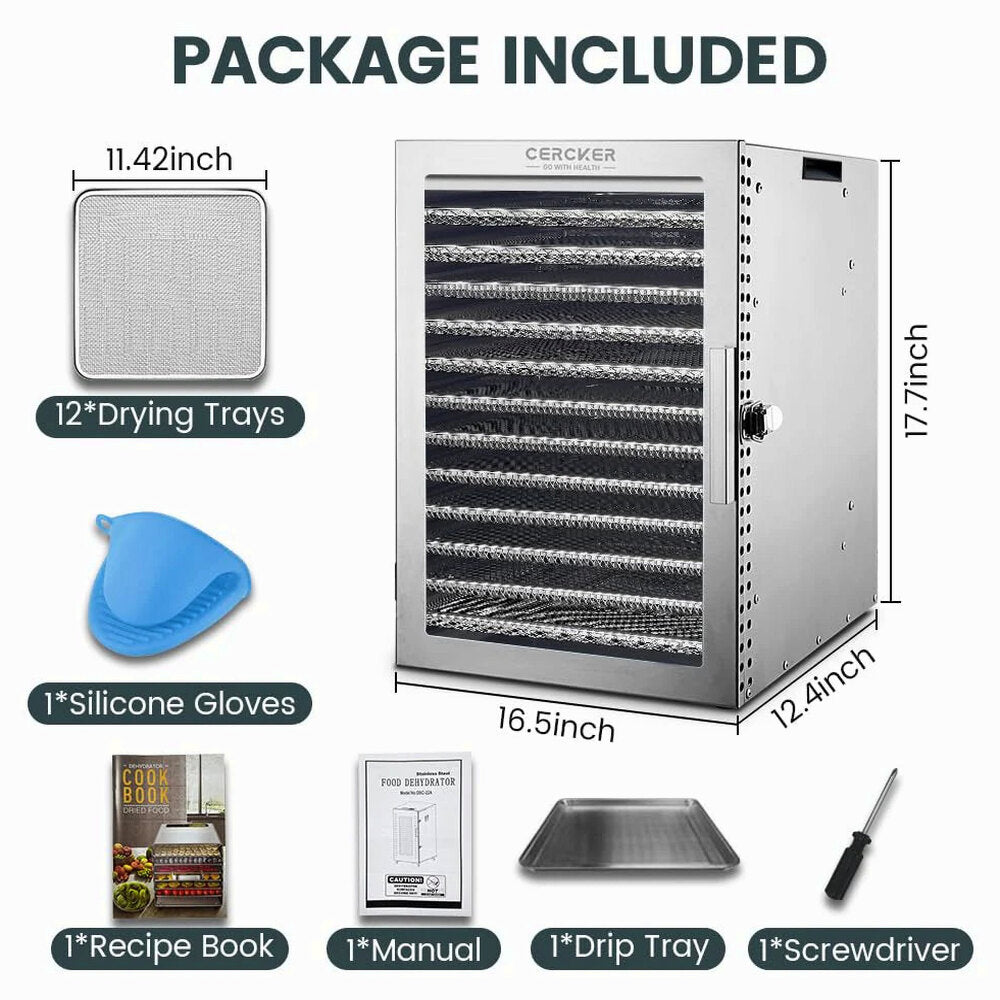 Cercker Food-Dehydrator Machine with 12 Stainless Steel Trays