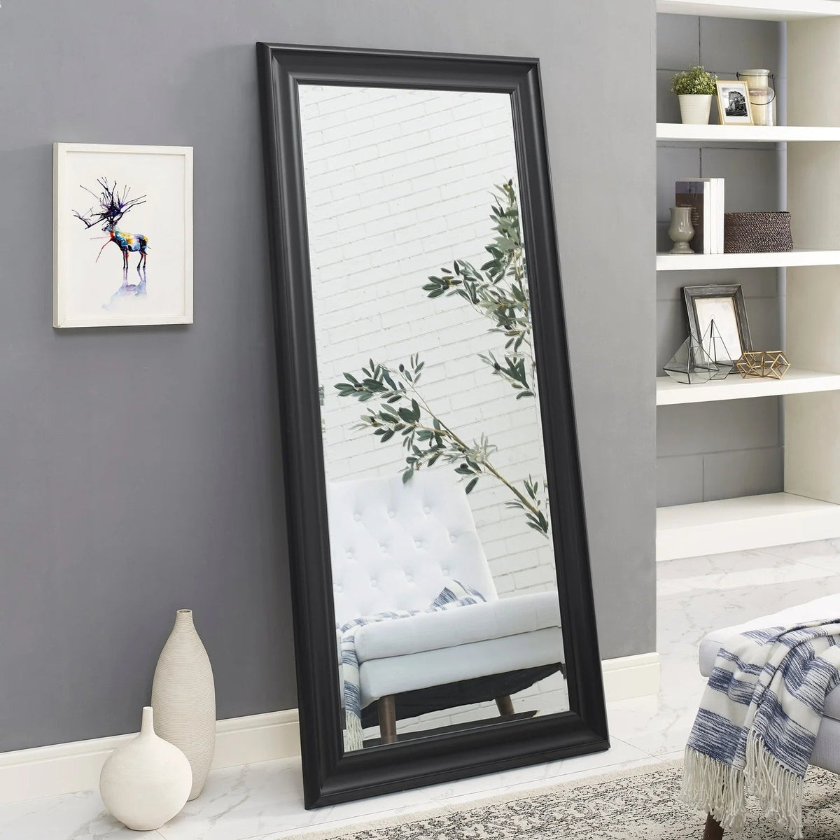 Full Length Oversized Rectangle Wall Mirror With Smooth Faux Wood Frame