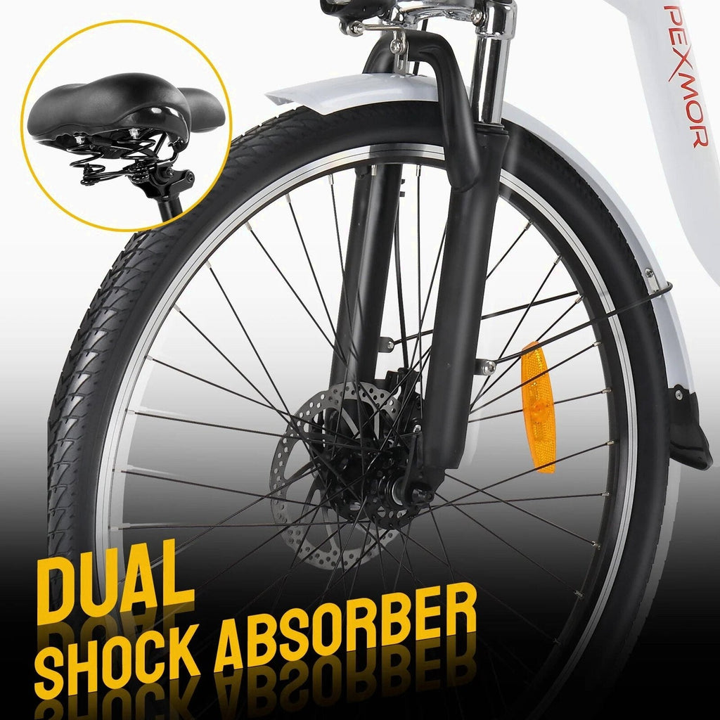 PEXMOR Electric Bike for Adults 350W (Peak 500W) City Commuter Ebike 36V 12.5AH Removable Battery 26" Cruiser Electric Bicycle Shimano 6-Speed | Dual Shock Absorber | Basket