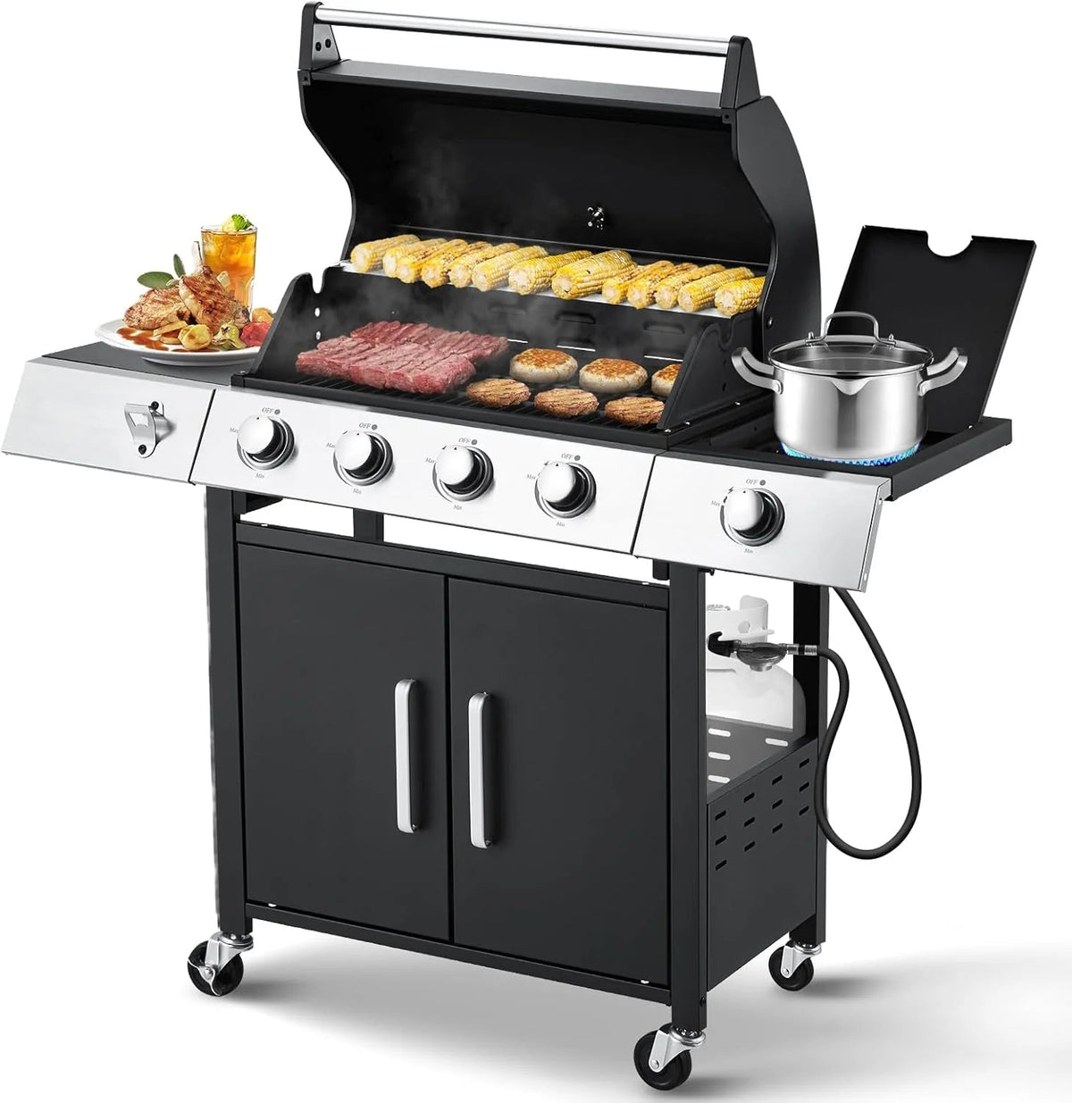 4-Burner Propane Gas Grill With Cast Iron Grates, Side Stove And 44,000 BTU Stainless Steel Burners