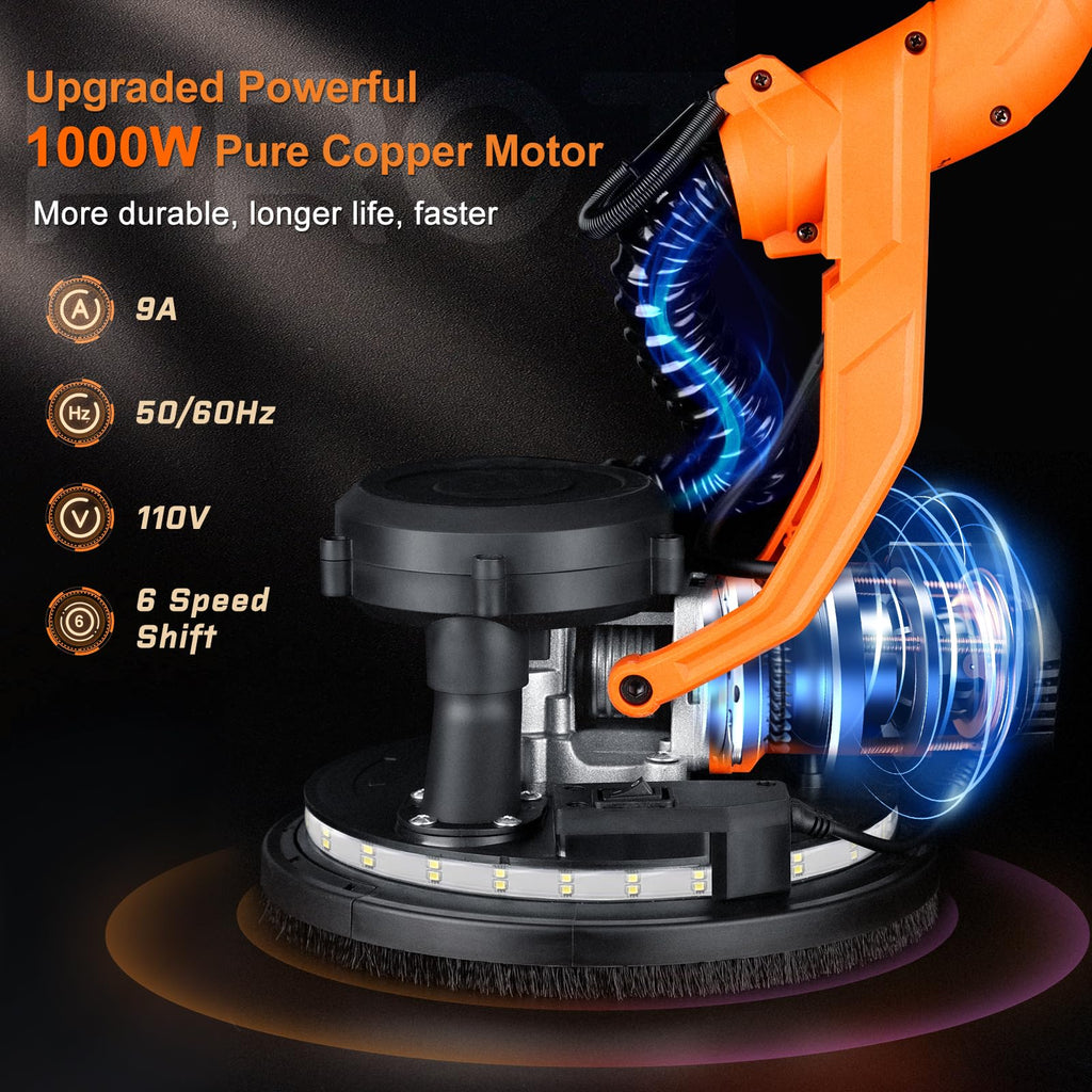 1000W Electric Drywall Sander With 4.9 Ft To 6.2 Ft Extension Pole And 15 Sanding Discs