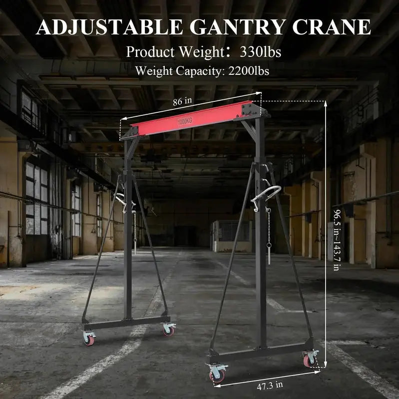 GARVEE Adjustable 1-Ton Portable Gantry Crane, 2200-Lb Capacity, 96.5-143.7 In Height
