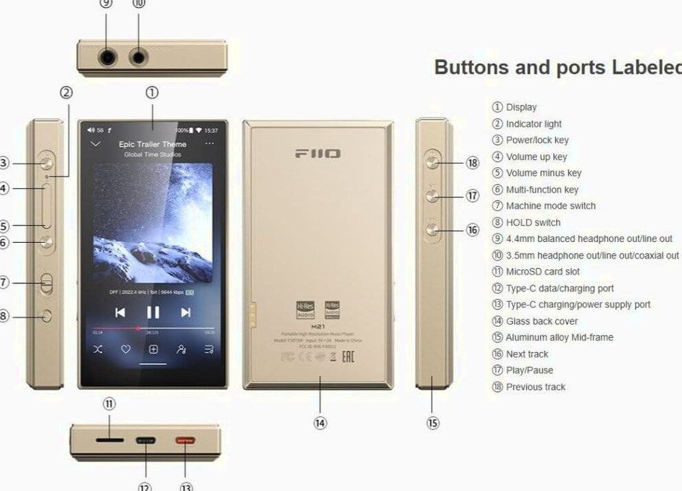 FiiO M21 Android 13 Hi-Res Music Player, Snapdragon 680, Blue-Black