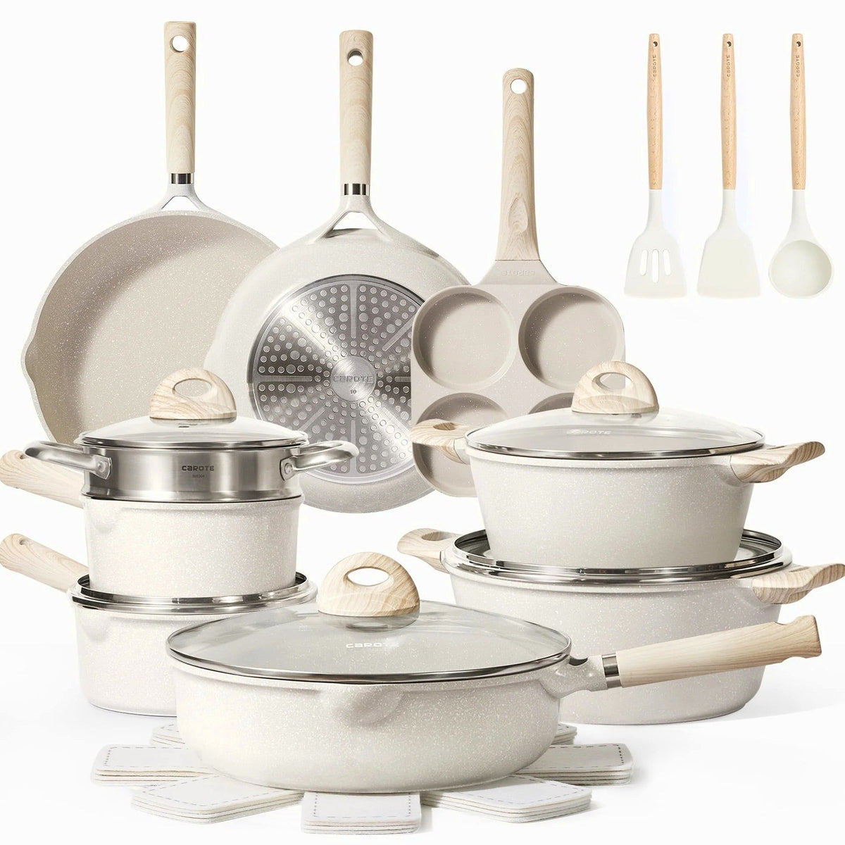 Carote 21-Piece Nonstick Cookware Set, Eco-Friendly Granite, Induction Compatible, Beige