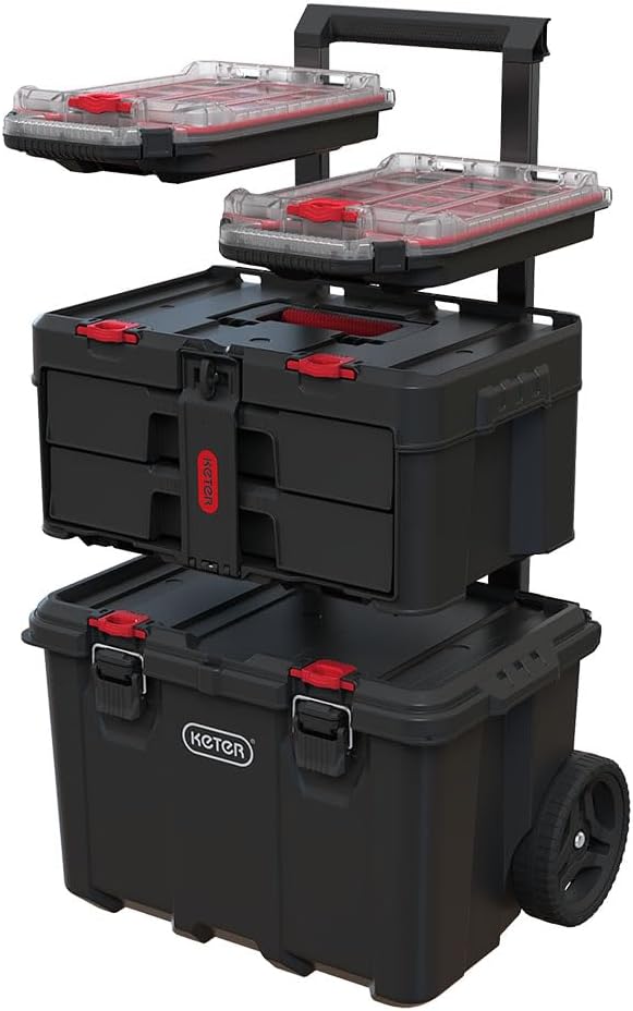 Keter Rolling Tool Box System, 3 Piece, Black/Red - 3 Piece Resin Modular Toolbox System