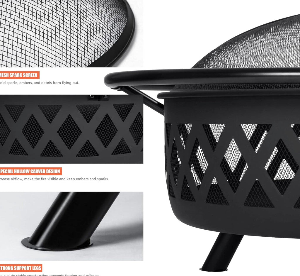 SUNCREAT 42” Patio Fire Pit Wood Burning with Mesh Spark Screen, Bonfire Outdoor firepit with Fireplace Poker, Black