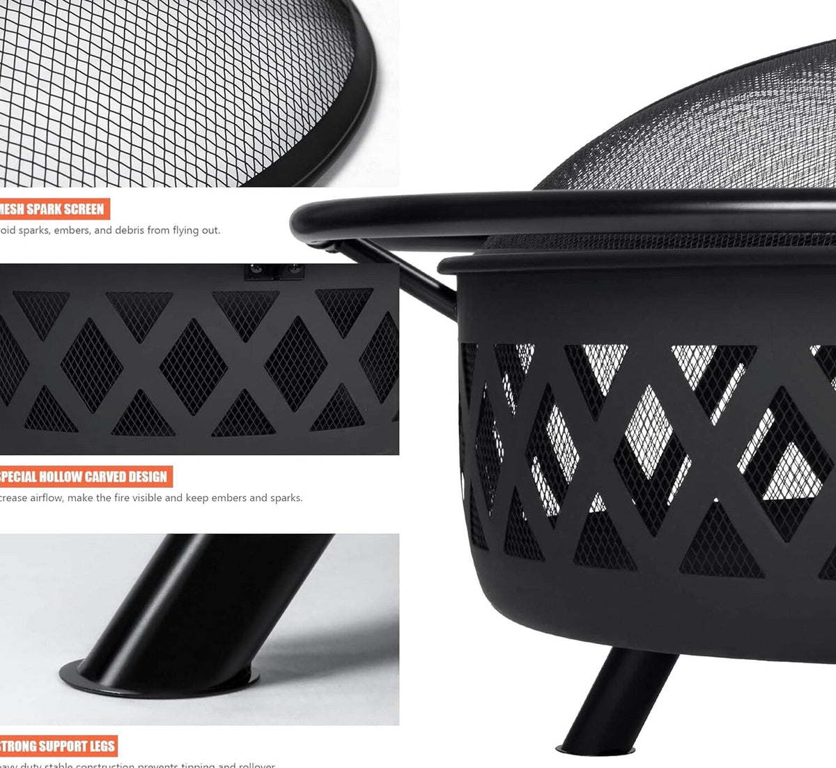 SUNCREAT 42” Patio Fire Pit Wood Burning with Mesh Spark Screen, Bonfire Outdoor firepit with Fireplace Poker, Black