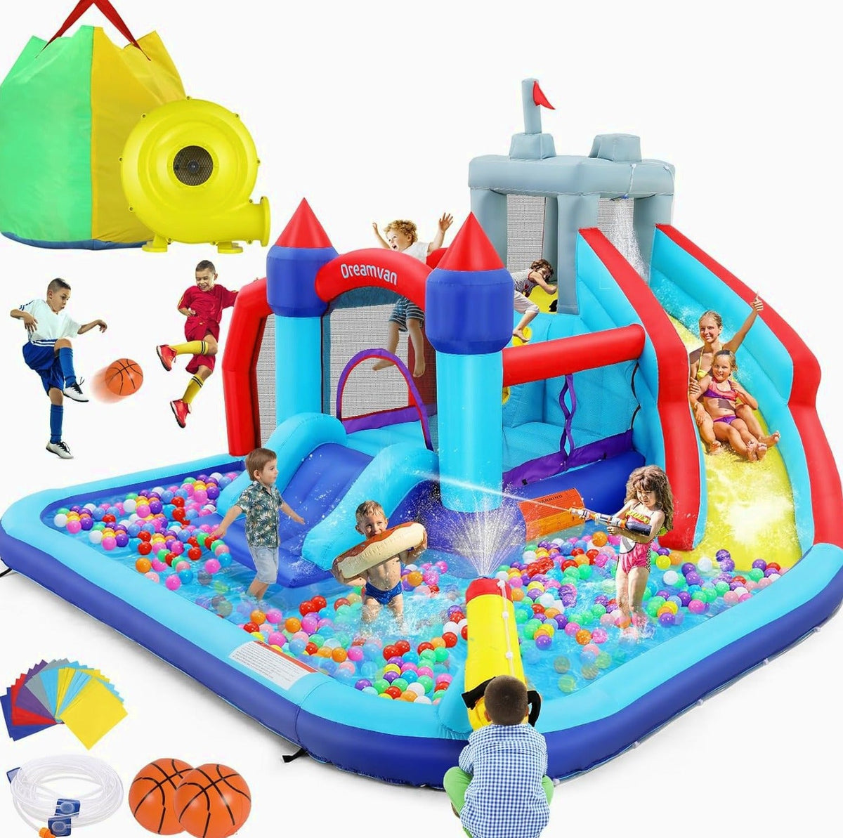 Inflatable Water Slides for Kids 8-in-1 Bounce House Water Park with 450W Blower Climbing Wall, Splash Pool, 2 Water Cannons, Basketball Hoop, Water Slide, Crocodile Sprinkler for Gift Backyard Party