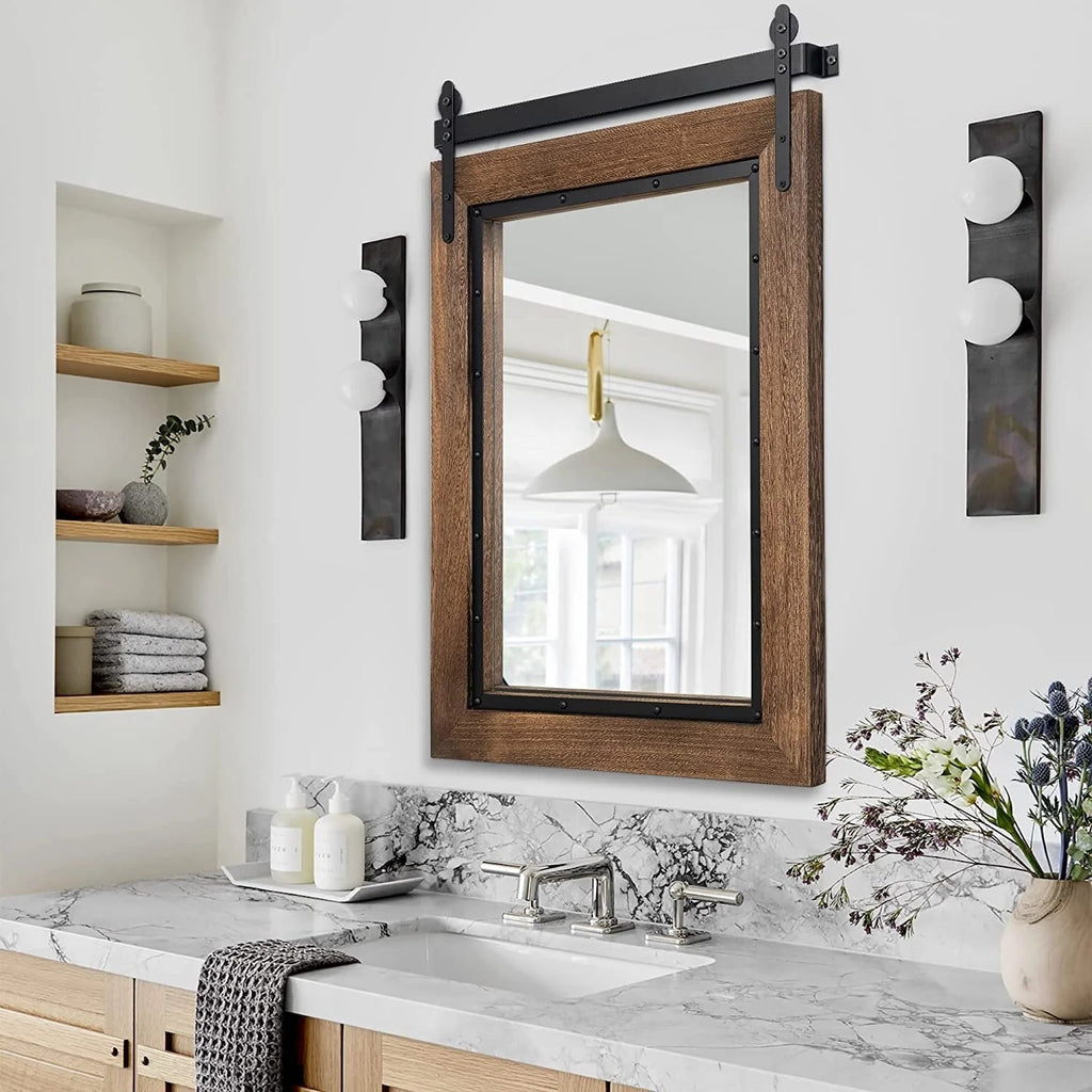 Farmhouse Barn Door Style Bathroom Vanity Mirror, Natural Wood, 24in W x 32in H x 1.25in D to 48in W x 30in H x 1.25in D