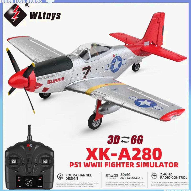 A280 RC Plane 2.4G 4CH 3D6G Mode Aircraft P51 Fighter Simulator with LED Searchlight RC Airplane Toys for Children