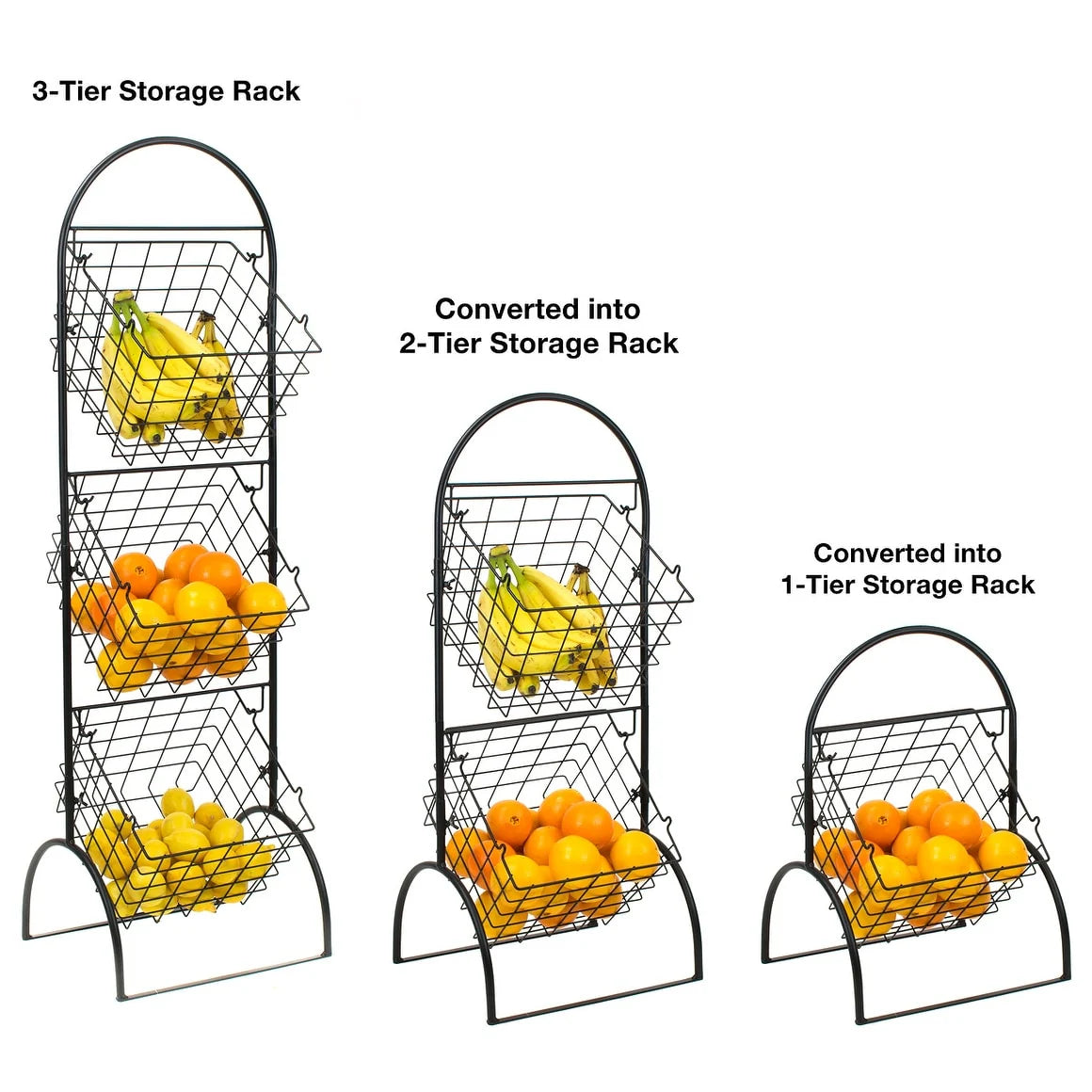 3-Tier Wall-Mounted Steel Storage Rack With Removable Baskets - Black