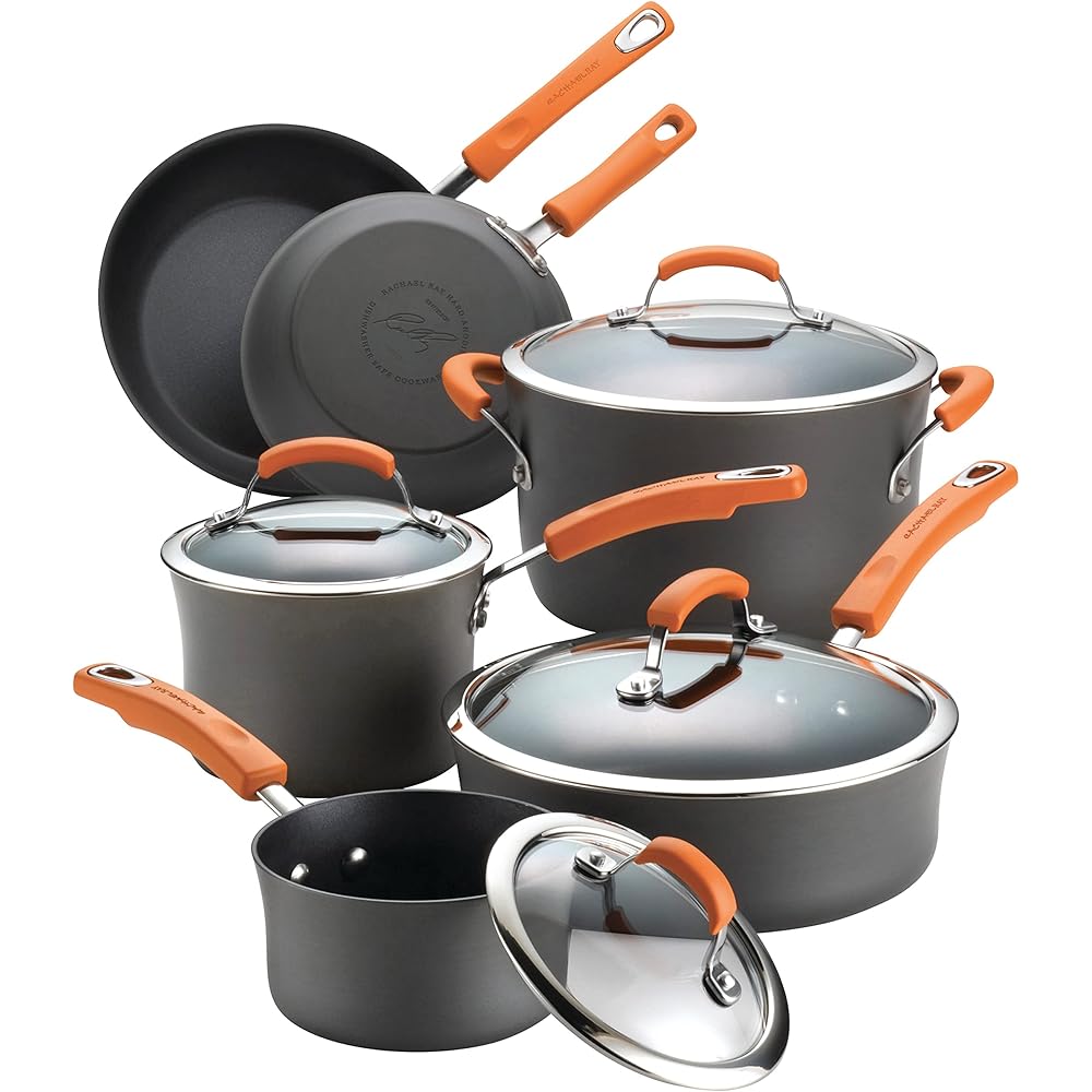 Rachael Ray Brights Hard-Anodized Aluminum Nonstick 10-Piece Cookware Set, Gray With Orange Handles - 87375